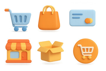 3d icons for shopping and e-commerce: cart, bag, and credit card elements