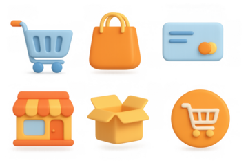 3d icons for shopping and e-commerce: cart, bag, and credit card elements