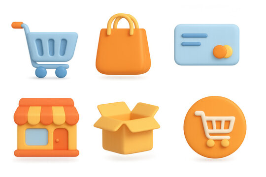 3d icons for shopping and e-commerce: cart, bag, and credit card elements