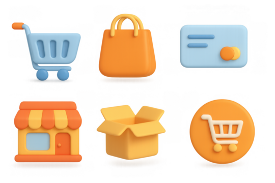 3d icons for shopping and e-commerce: cart, bag, and credit card elements