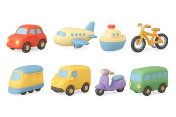Fototapeta premium Colorful 3d models of various vehicles for kids' educational toy designs