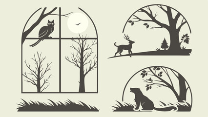 Monochromatic Nature Silhouettes Vector Art Collection. Wildlife Scenes with Deer, Dog, Cat, Owl, Bare Trees, Forest, Window, Moon. Serene Outdoor Design.
