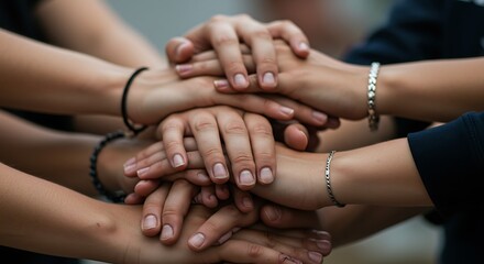 Collaborative Spirit: Hands Stacked as a Testament to Joint Ventures, Shared Responsibilities, and the Drive Towards a Common Objective