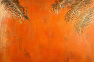 Fototapeta premium Tropical orange background with palm leaf imprints for a vibrant summer atmosphere