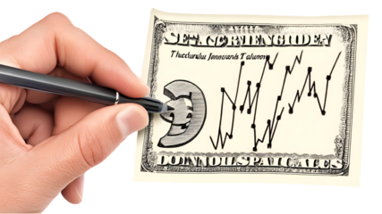 Analyzing financial trends with hand-drawn graphs on currency notes office environment