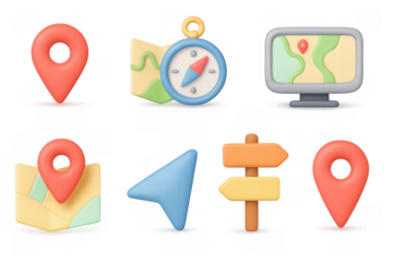 Colorful 3d navigation icons with maps and compass for digital interfaces