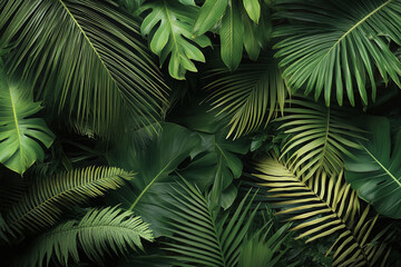 Tropical palm leaf texture with vibrant green hues creating a lush, inviting atmosphere in a serene tropical setting