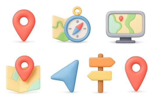 Colorful 3d navigation icons with maps and compass for digital interfaces