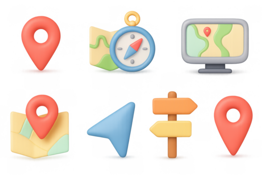 Colorful 3d navigation icons with maps and compass for digital interfaces