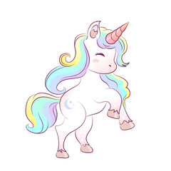 Naklejka premium Cute cartoon unicorn with rainbow mane and tail isolated on white background