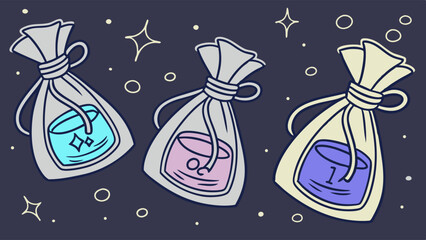 Magical cartoon illustration of three clear bags with vibrant blue, pink, and purple potion containers, tied with string, sparkling on a dark background.