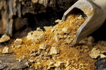 Vibrant golden yellow particles shimmering in a wooden scoop against a natural rustic backdrop
