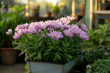 Obraz premium Vibrant lilac flowers in a garden setting with sparkling accents illuminated by soft sunlight highlighting their beauty