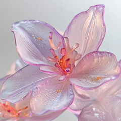 3D glass flower close-up, isolated, on a white background. Delicate palette, stylish print for women's clothing, decorative element, template for a romantic postcard.