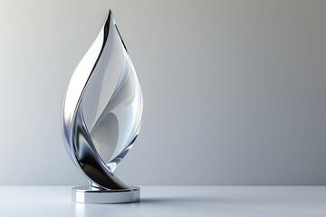Sleek modern corporate trophy with abstract shape, glass and silver finish, isolated on white background, leadership award scene.
