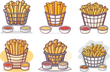 Variety of french fries in baskets with dipping sauces