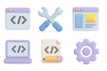 3d technology icons: browser, tools, code, and settings in pastel colors
