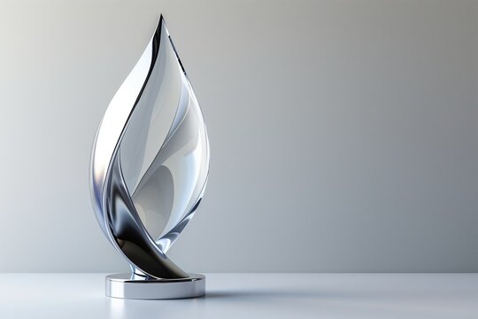 Sleek modern corporate trophy with abstract shape, glass and silver finish, isolated on white background, leadership award scene.
