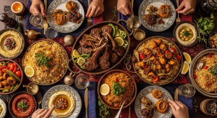 Lavish Middle Eastern feast; hands reach for various dishes, lamb, rice, and hummus.