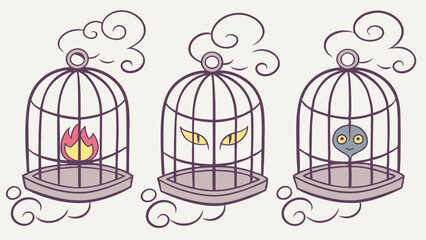 Minimalist cartoon illustration of three whimsical fantasy birdcages floating on clouds, containing fire, glowing cat eyes, and an alien head.