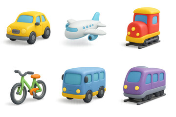 Naklejka premium Colorful 3d transport icons in playful cartoon style for kids