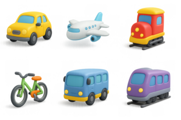 Colorful 3d transport icons in playful cartoon style for kids