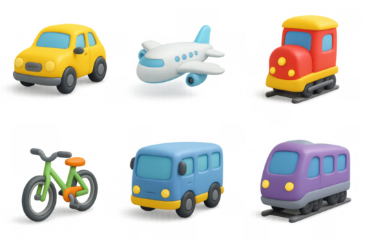 Colorful 3d transport icons in playful cartoon style for kids