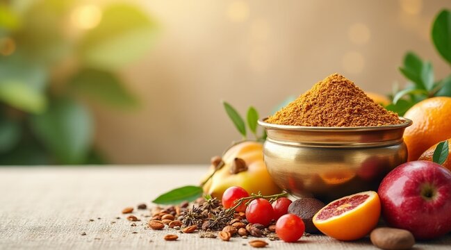 Golden powder in brass bowl with fruits and spices on textured surface triphala churna ayurveda