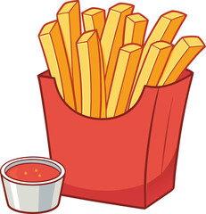 Delicious french fries in a red container with ketchup dip