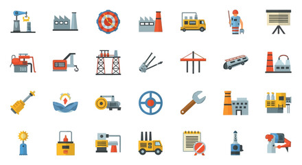 Industrial Icons Set: Factory, Machinery, Equipment
