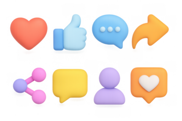 Colorful 3d social media icons including heart, thumbs up, and speech bubbles