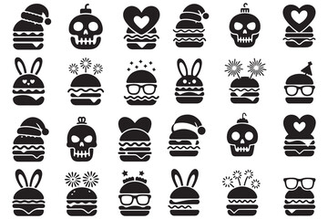 Holiday Burger Icon Set ,Festive Black Silhouette Fast Food Collection