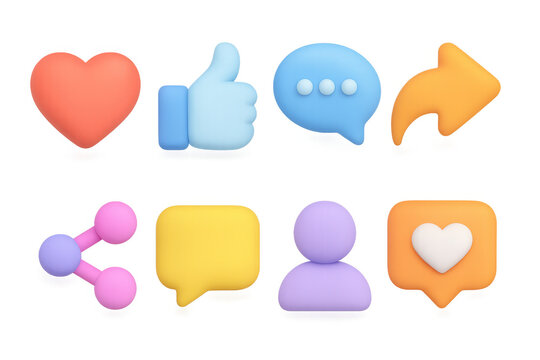 Colorful 3d social media icons including heart, thumbs up, and speech bubbles