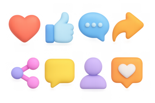 Colorful 3d social media icons including heart, thumbs up, and speech bubbles
