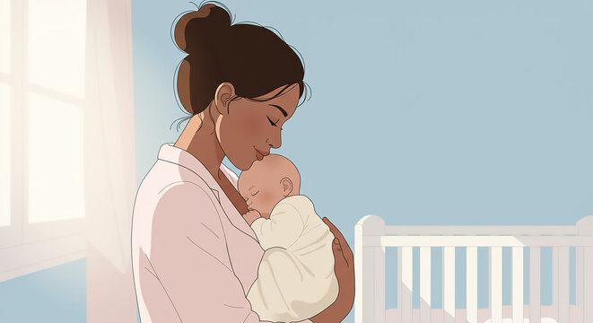 Mother's Gentle Embrace Nurturing a Newborn with Love and Care in a Peaceful Nursery Setting.
