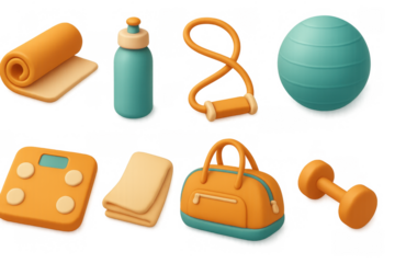 Colorful 3d fitness equipment set with yoga mat, dumbbell, and water bottle