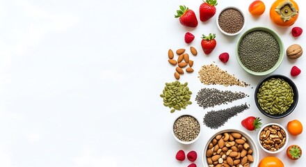 Fototapeta premium Overhead shot of healthy seeds, nuts, and fruits isolated on white background