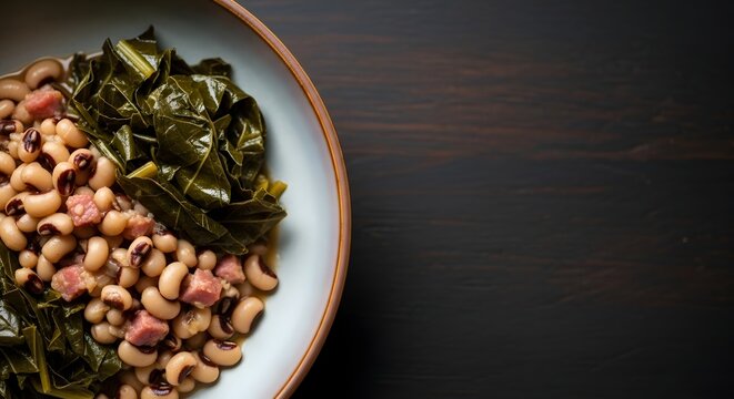 Traditional Southern Hoppin&rsquo; John Bowl with Black-Eyed Peas, Ham or Bacon, and Collard Greens &ndash; High-Resolution Image for Comfort Food Editorial or Soulful Cuisine Branding