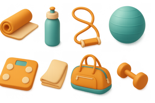 Colorful 3d fitness equipment set with yoga mat, dumbbell, and water bottle - Powered by Adobe