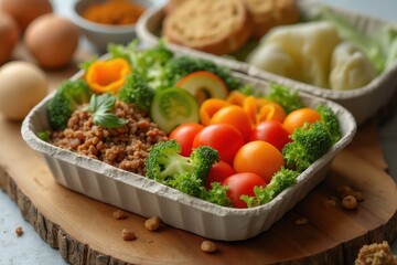 Homemade food in lunch boxes with healthy vegetable