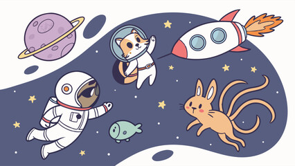 Whimsical cartoon illustration of a diverse astronaut, cute cat, and fantasy creature exploring the cosmic galaxy with a rocket, planet, and stars