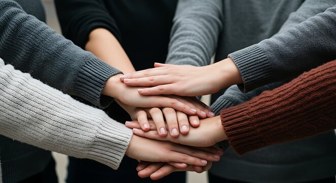 One Team, One Dream: A Visual Metaphor for Unwavering Commitment and Collaborative Spirit, Shown Through Hands Stacked in Unity