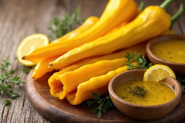 Delicious squashes and yellow pepper arranged with halves of lemons and olive oil in bowls
