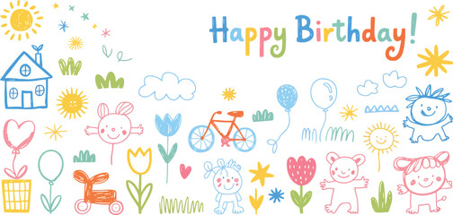 Obraz premium Colorful Handdrawn Happy Birthday with Sun, Flowers, Clouds, Gift, Toys on White