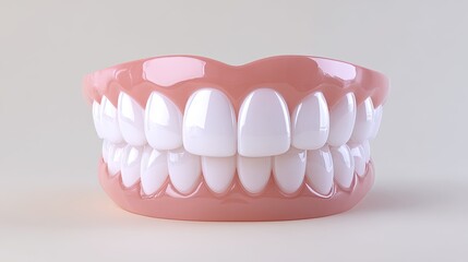 Obraz premium Realistic Model of Dentures Displaying Bright White Teeth on a Soft Pink Base for Dental Education and Visualization