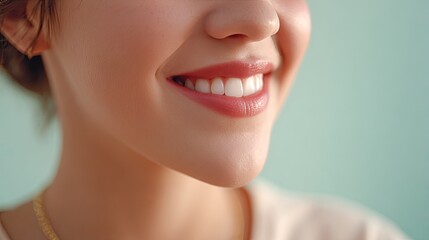Obraz premium Close-Up Portrait of a Smiling Woman with Natural Makeup and Vibrant Soft Background, Showcasing Joy and Confidence