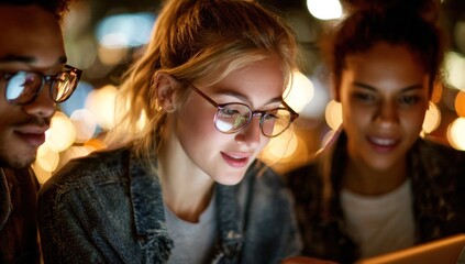 Obraz premium Diverse group looking at tablet at night