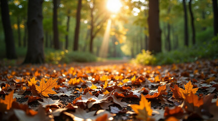 Golden autumn leaves blanket the forest floor with warm sunlight filtering through trees in a scenic seasonal landscape.