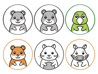 Cute cartoon hamsters and a parrot in circular frames