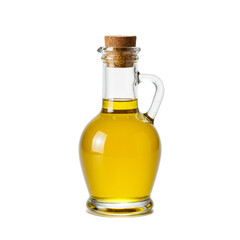 Glass cruet of golden olive oil with cork stopper Isolated on transparent background